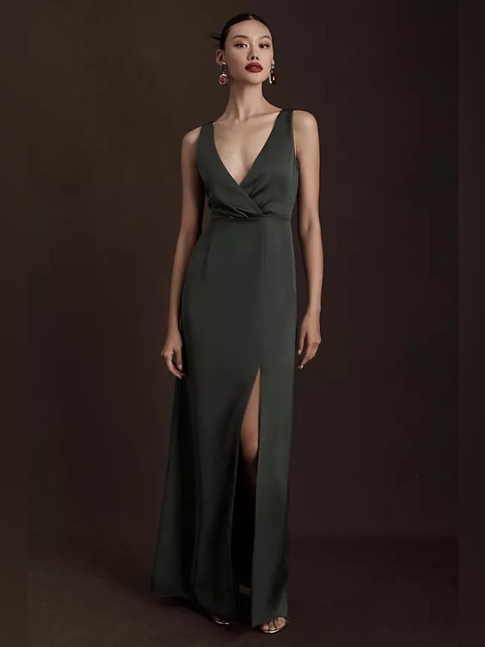 Anthropologie BHLDN Vneck Side Slit Satin Gown Bridesmaid Forest Green Size 4